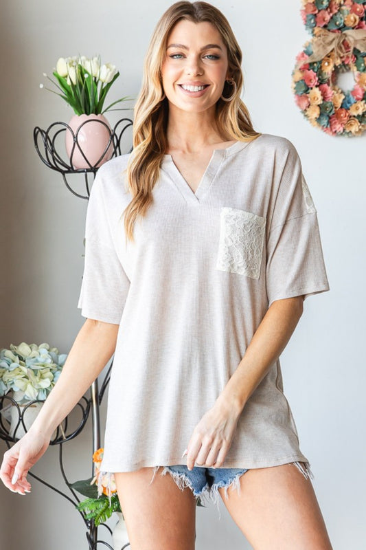 Lace Front Pocket Drop Shoulder Top