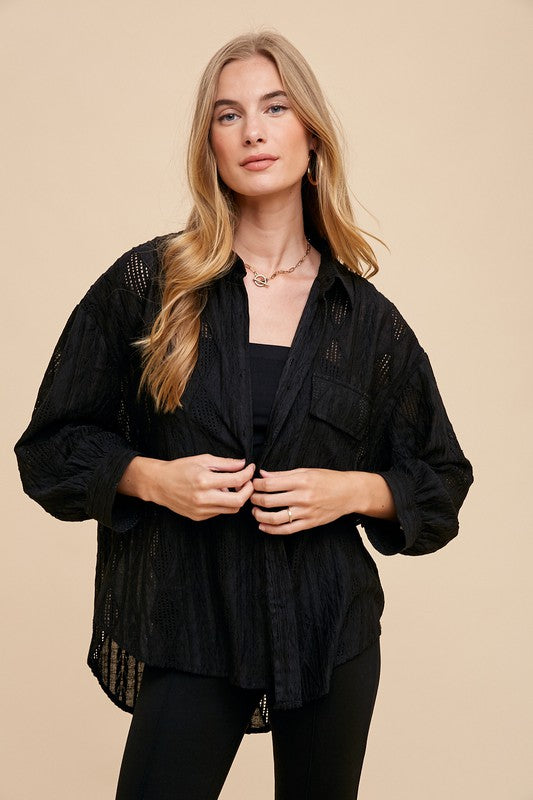 Openwork Button Down Drop Shoulder Shirt